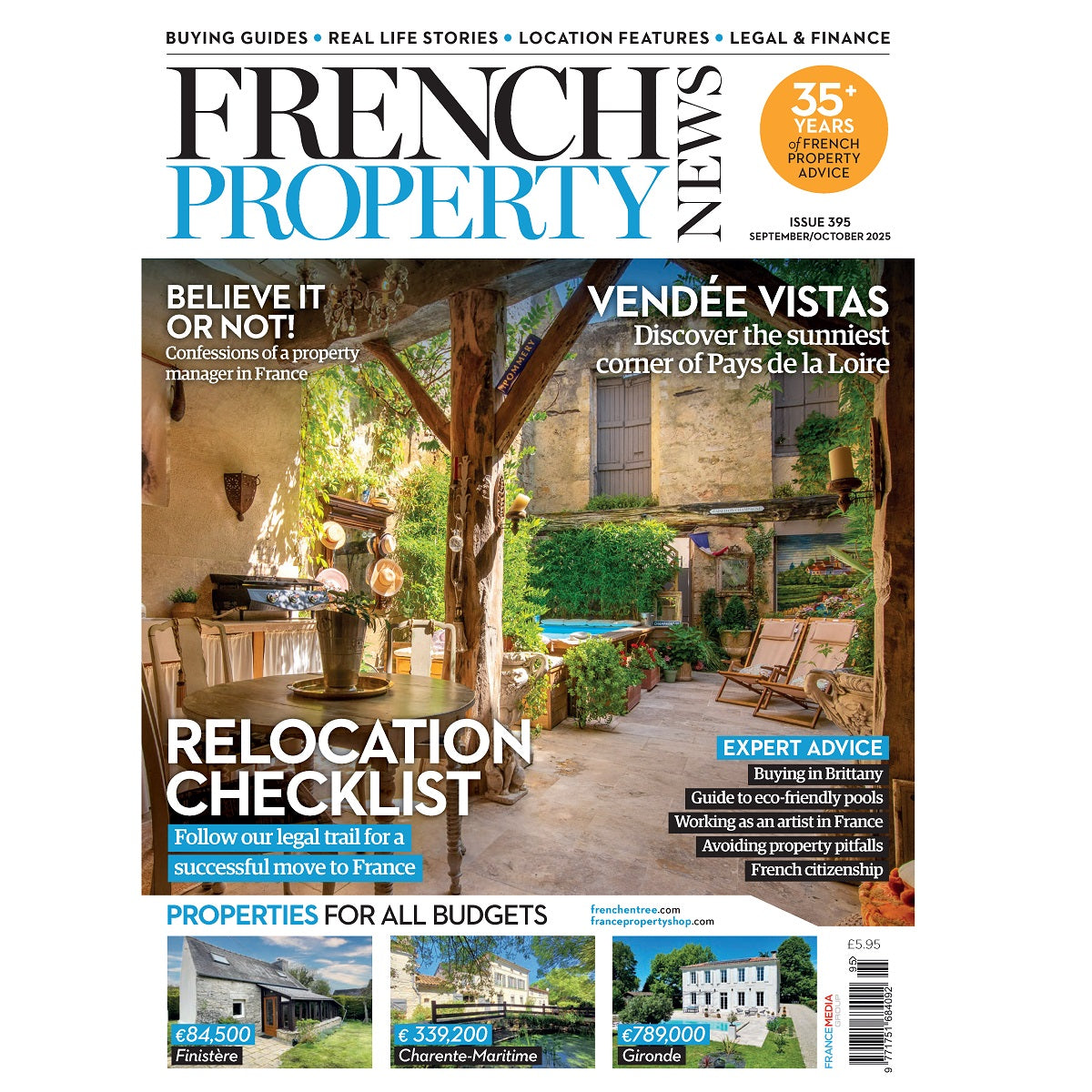 Cover of French Property News magazine September October 2025 issues 395 with outdoor scene and text about property in France.