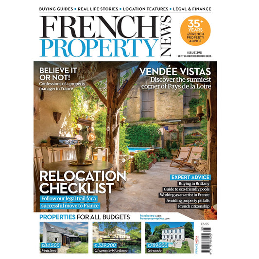 Cover of French Property News magazine September October 2025 issues 395 with outdoor scene and text about property in France.