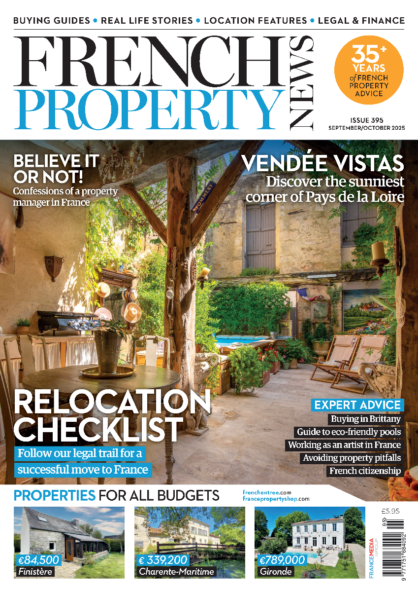 Cover of French Property News magazine September October 2025 issues 395 with outdoor scene and text about property in France.
