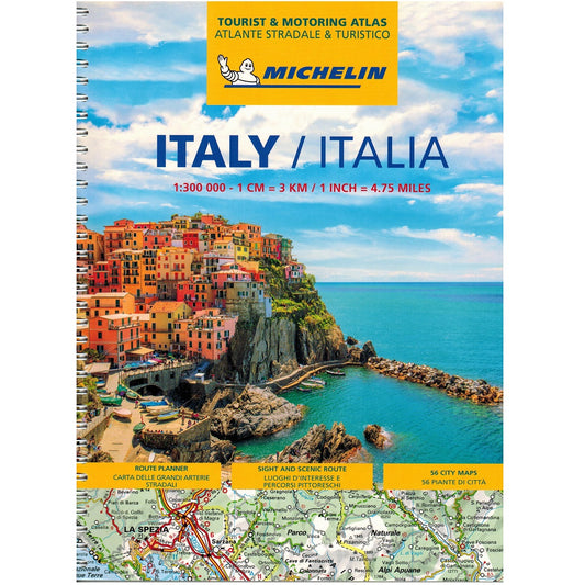 Michelin Italy Tourist & Motoring Atlas with colorful coastal town and map on cover