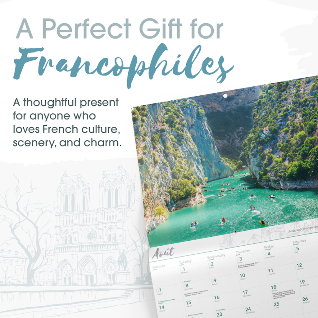 Calendar with a scenic view of a river and mountains, labeled 'A Perfect Gift for Francophiles'.