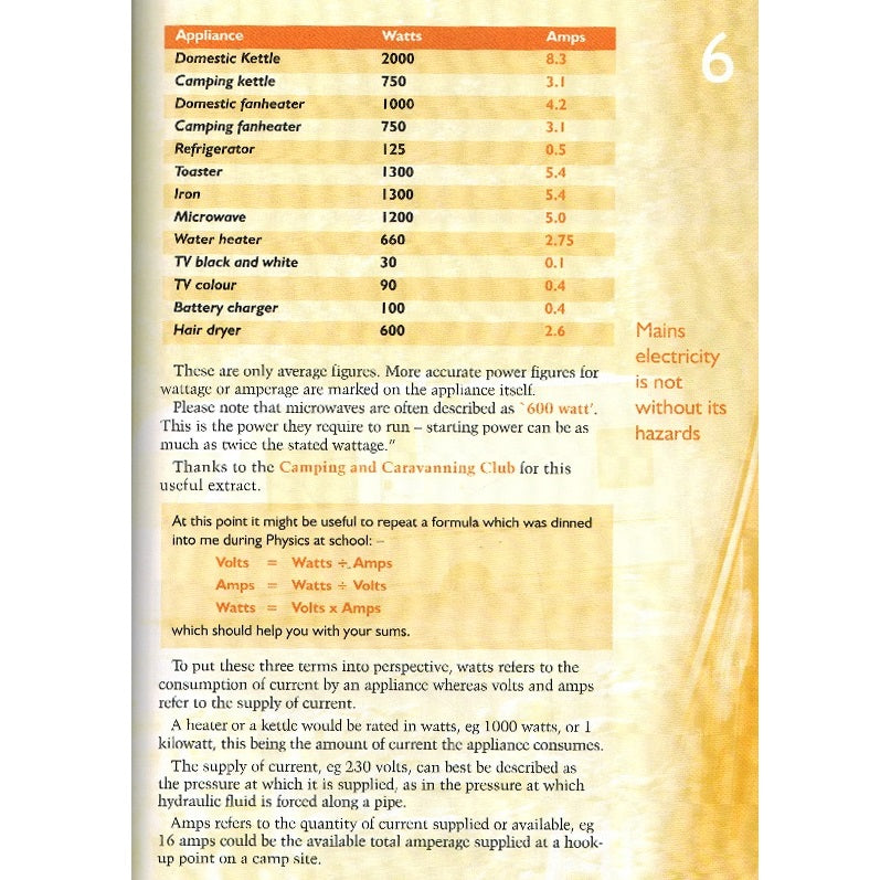 The Caravan and Motorhome Handbook 9780954069230 John Marchmont electricity usage on appliances