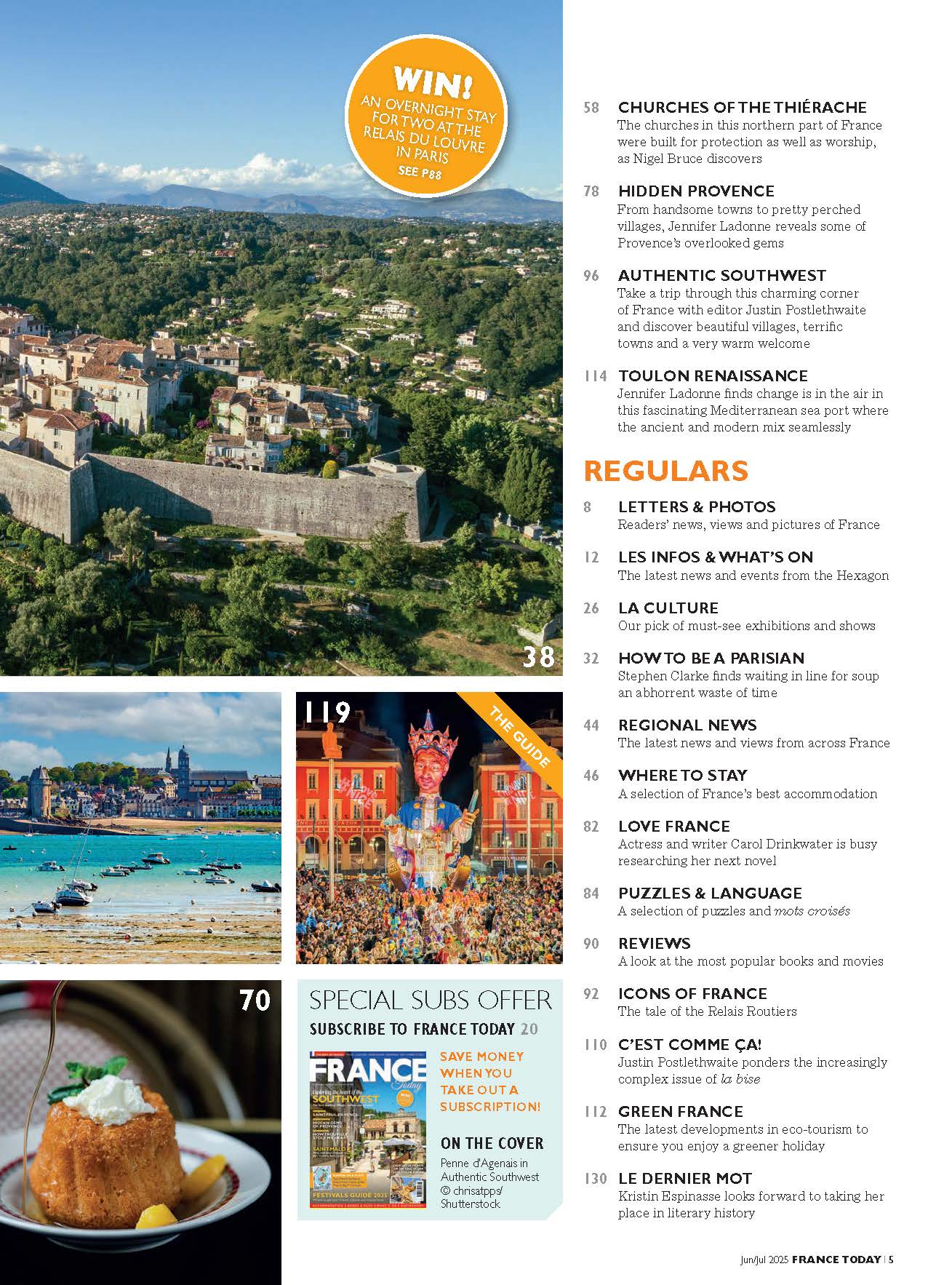 Magazine layout with travel articles and images of France