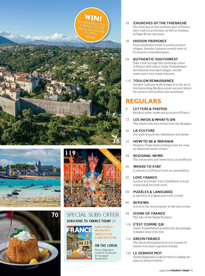 Magazine layout with travel articles and images of France