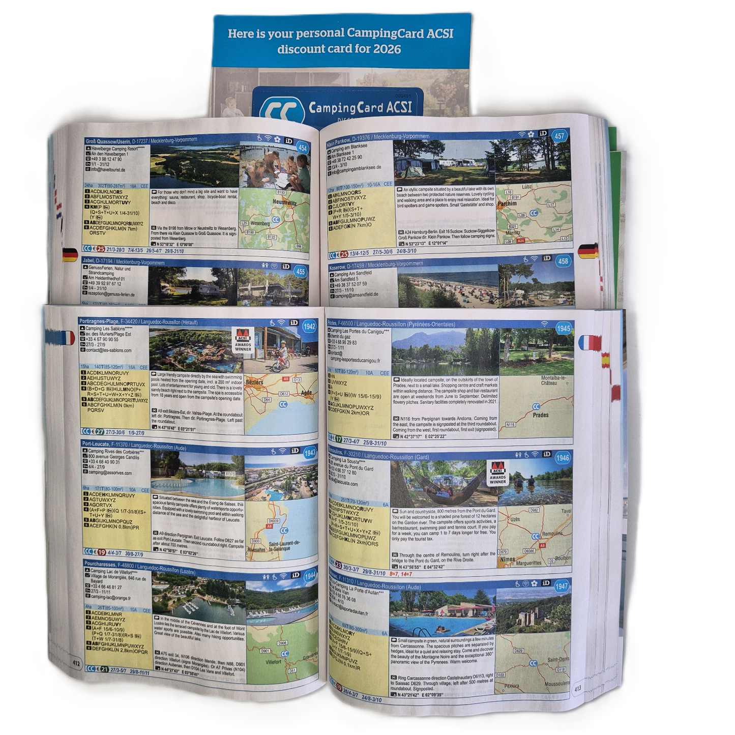2026 ACSI books showing four pages of campsites in the ACSI CampingCard discount scheme