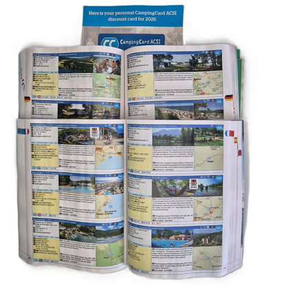 2026 ACSI books showing four pages of campsites in the ACSI CampingCard discount scheme