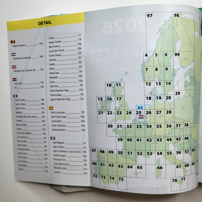 Overview map page and list of country pages in ACSI card book 2026