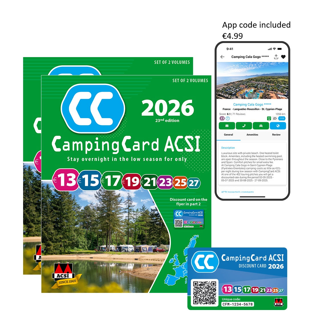 Camping Card ACSI 2026 2 book with smartphone displaying app interface and the ACSI card 2026