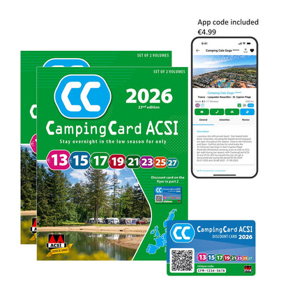 Camping Card ACSI 2026 2 book with smartphone displaying app interface and the ACSI card 2026