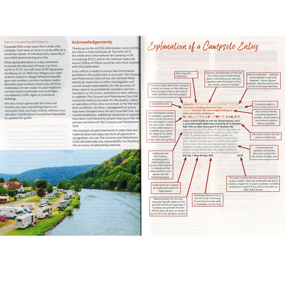 Caravan and Motorhome Club Touring Europe 2023 9781999323677 explaination of a campsite entry