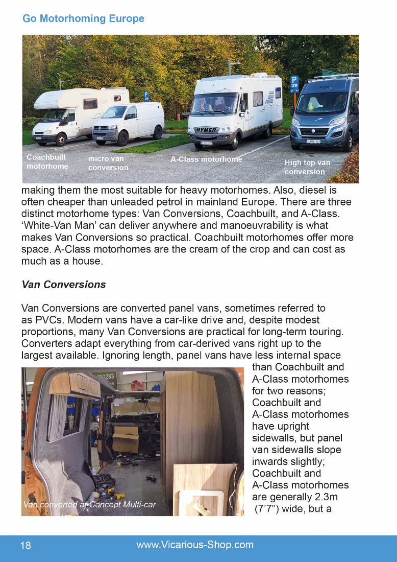 Photo of motorhome types with images of vans and text about Van Conversions.