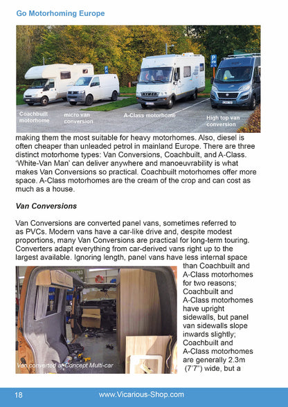 Photo of motorhome types with images of vans and text about Van Conversions.