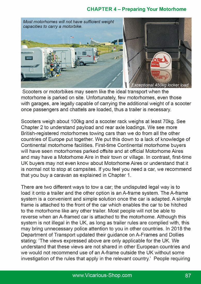 Page from a book go motorhoming about motorhome preparation, featuring text and images of trailers and a scooter.
