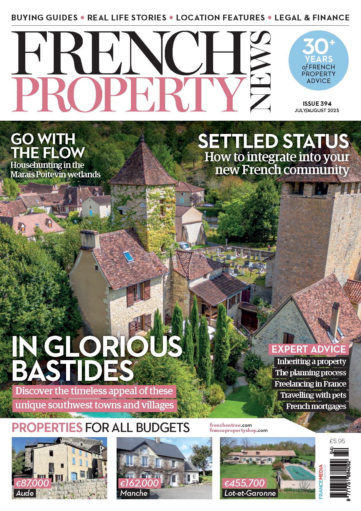 Cover of French Property News magazine July August 2025 with houses and text about property in France.