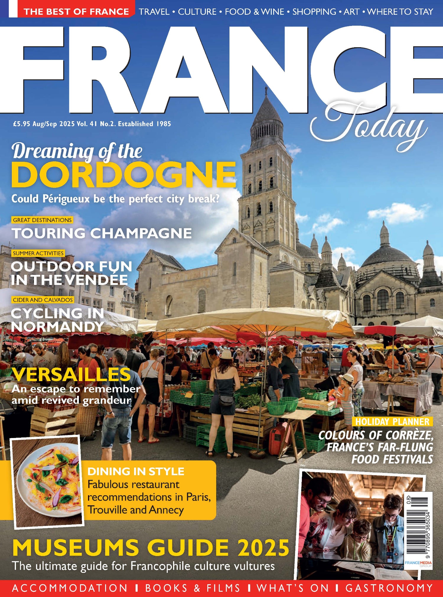 Magazine cover featuring a cityscape with people and outdoor activities, titled 'France Today'.
