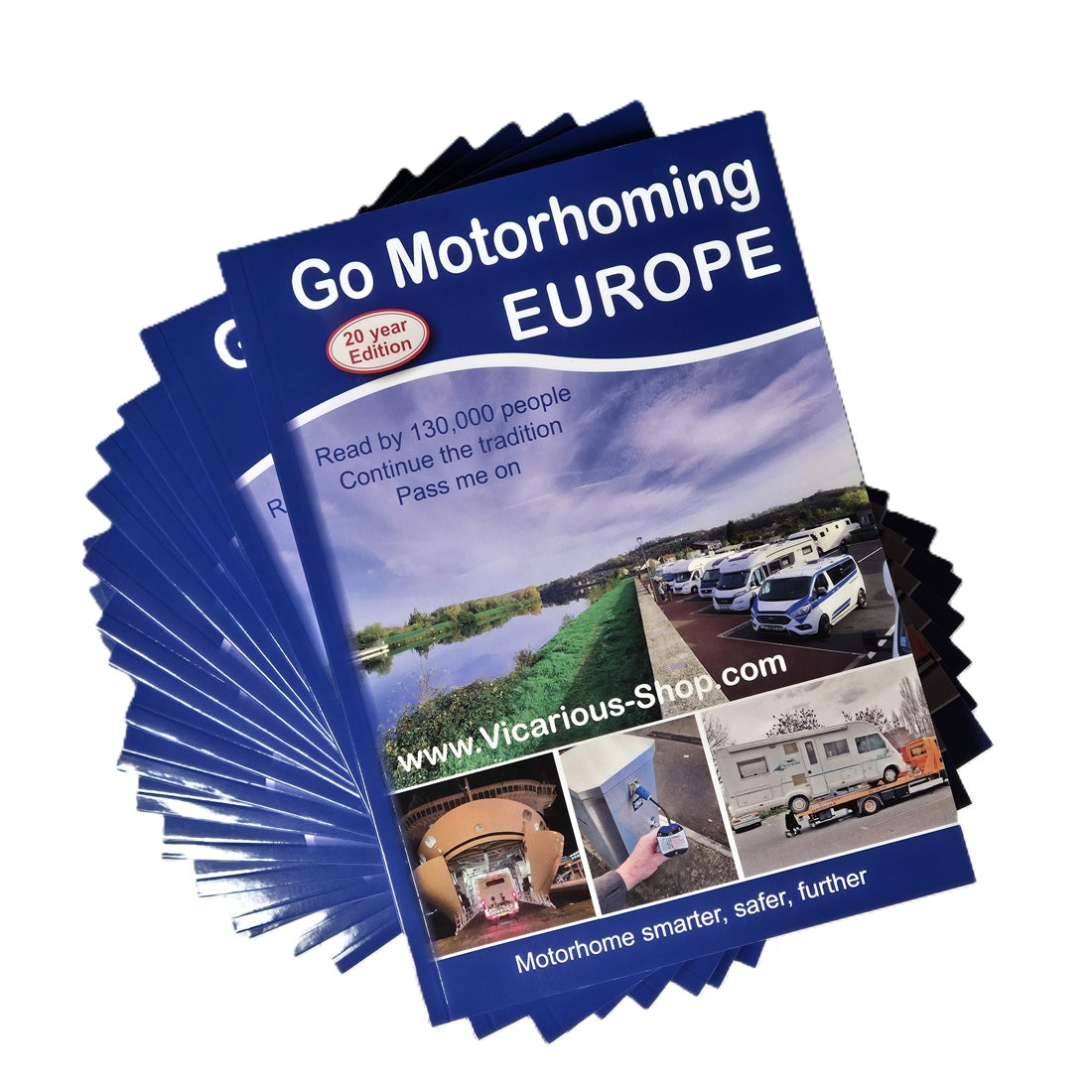 stack of 20 books celebrating 20 years in print 'Go Motorhoming Europe' from Vicarious Books Media
