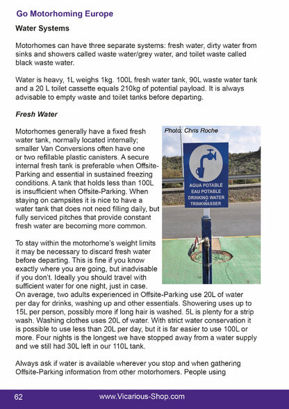 Text about water systems for motorhomes with a photo of a water tap and sign.