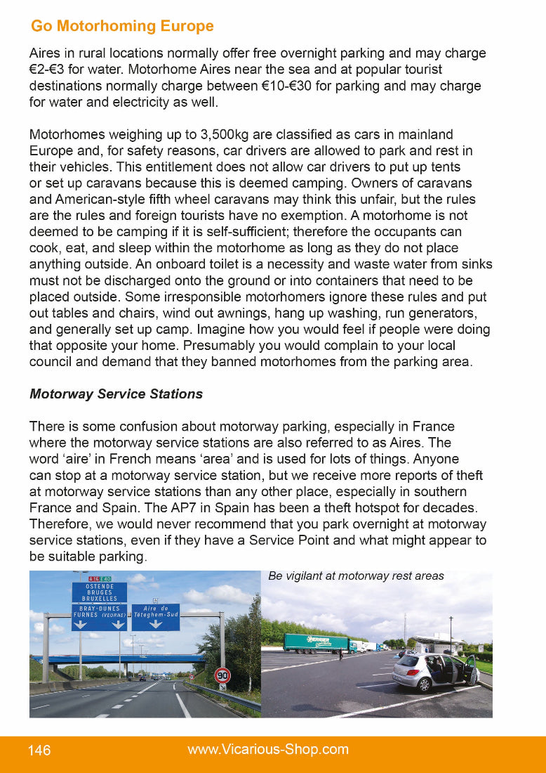 Text document about motorhoming Europe with images of a road sign and a truck.