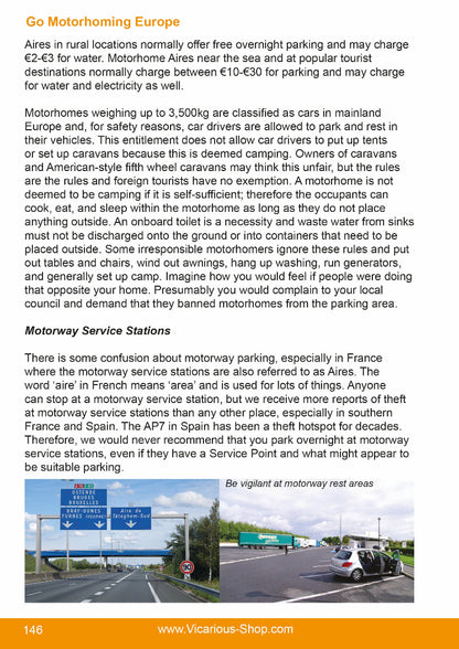 Text document about motorhoming Europe with images of a road sign and a truck.