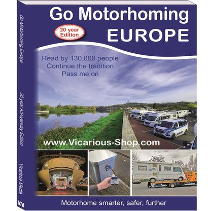 Book cover of 'Go Motorhoming Europe'  2026 with images of motorhomes parked alsognside a canal.