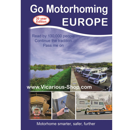 Book cover of 'Go Motorhoming Europe' with images of motorhomes and a scenic landscape.