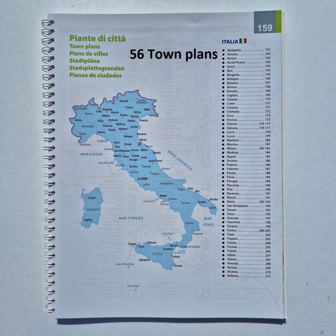 Map of Italy and list of the 56 town plans featured in the atlas