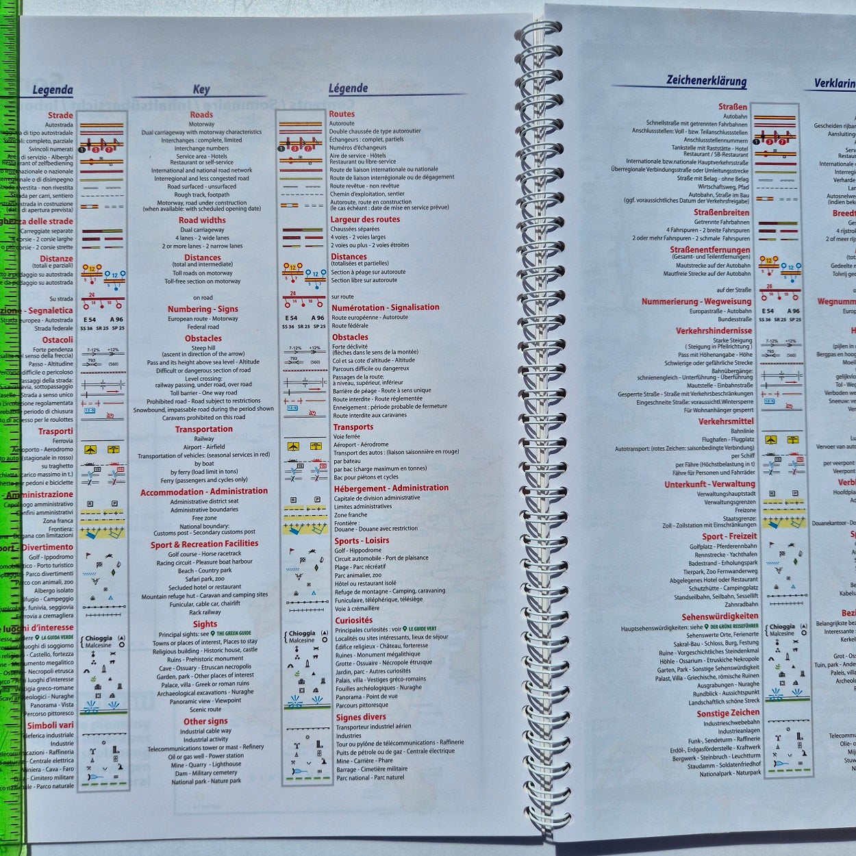 Spiral-bound road atlas Italy key of symbols in English