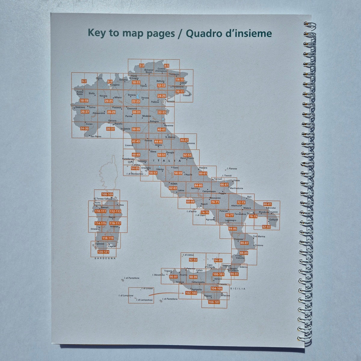 Overview map of Italy showing the page numbers in the atlas