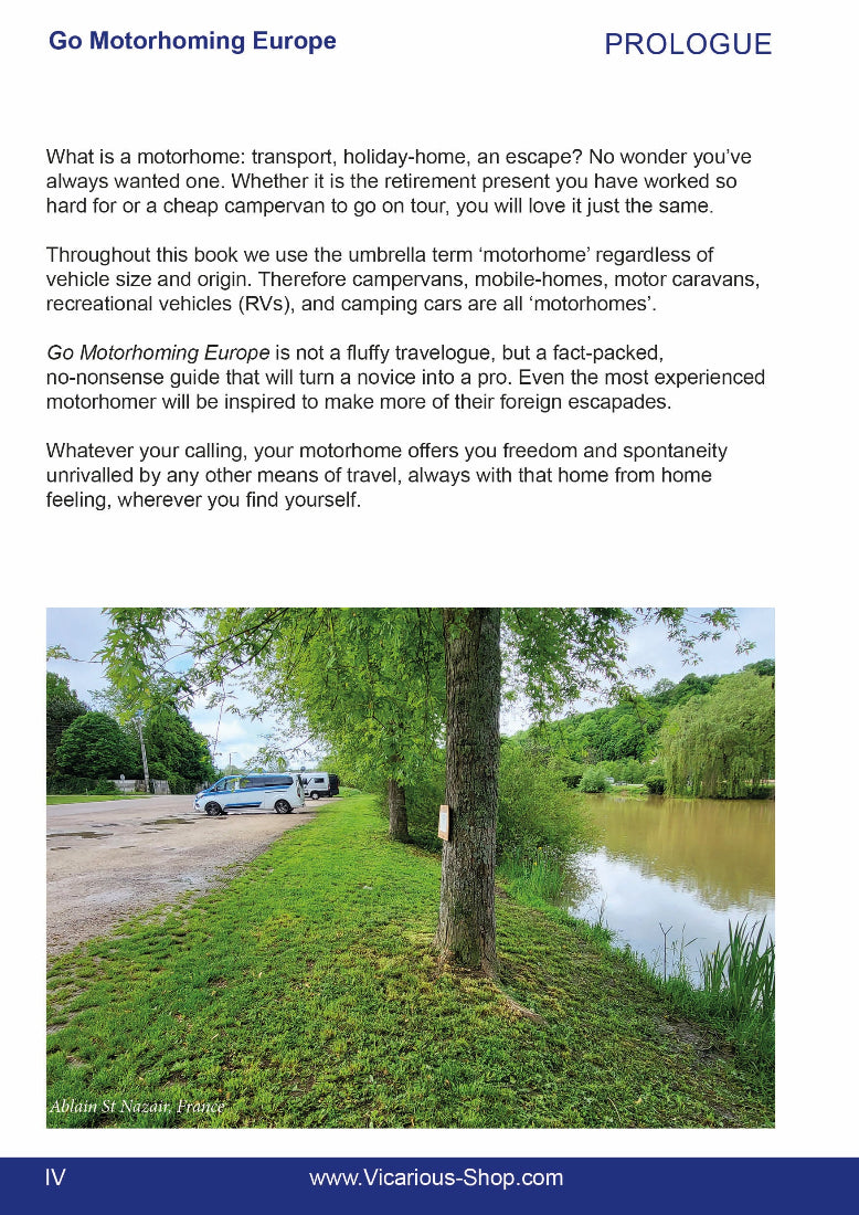 Introduction page 'Go Motorhoming Europe' with a scenic photograph of motorhomes by a river.