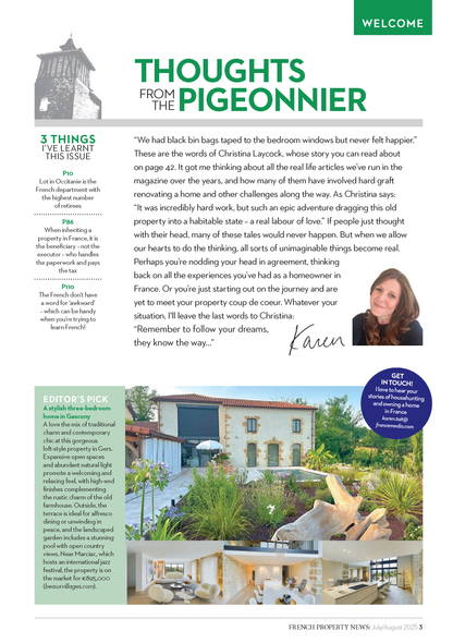 Article page from 'French Property News' with a photo of a house and garden, featuring a column titled 'Thoughts from the Pigeonnier' with a quote by Karen.