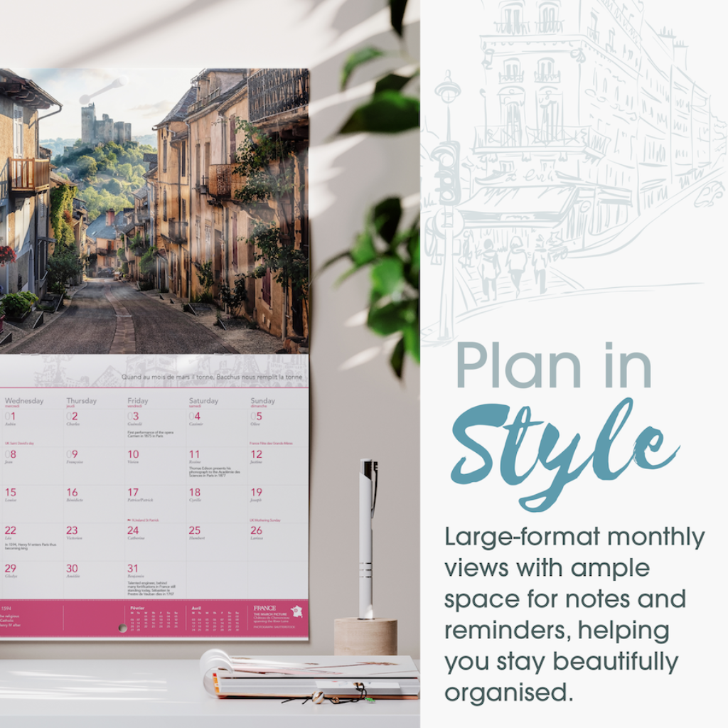 Calendar with scenic view and text 'Plan in Style' on a white surface.