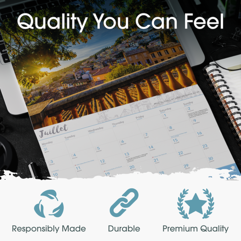 Calendar with scenic print, printer, and notebook with 'Quality You Can Feel' text and icons.