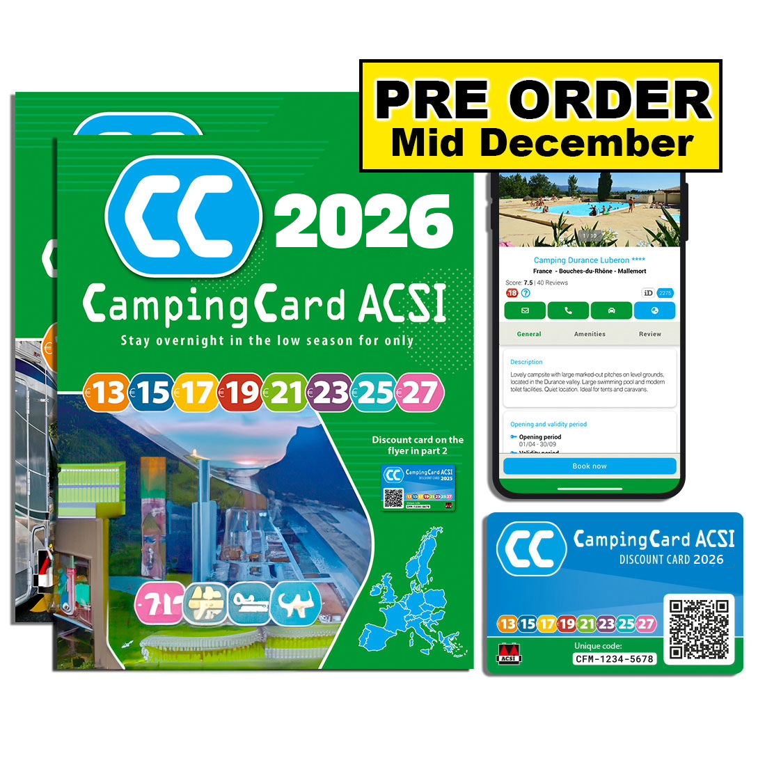 CampingCard ACSI 2026 book with smartphone displaying app interface on a white background