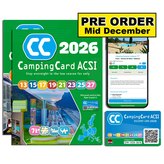 CampingCard ACSI 2026 book with smartphone displaying app interface on a white background