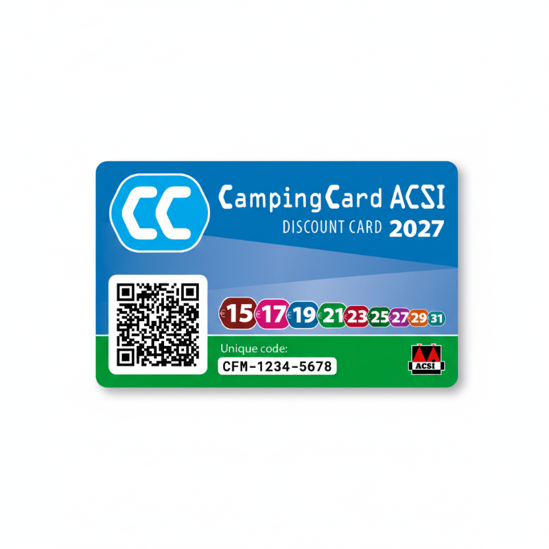 A promotional camping discount card for ACSI, featuring a blue and green design with a QR code, a 10-year numeric sequence, and the ACSI logo.