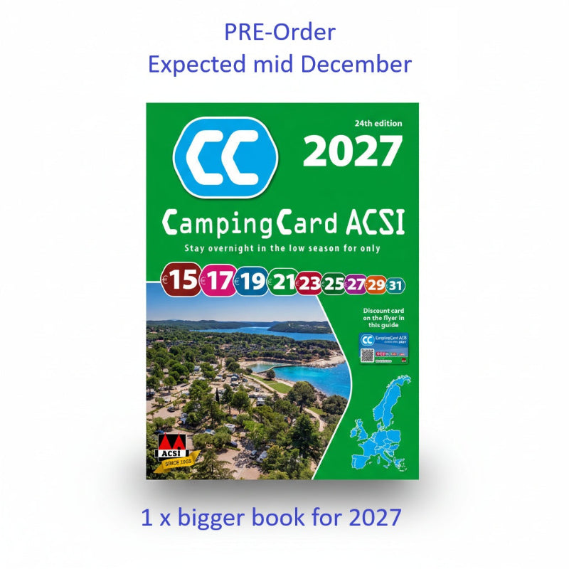 A promotional product image for a 2027 CampingCard ACSI card shown on a white background with blue text reading 'PRE-Order Expected mid December' and '1 x bigger book for 2027'. The book cover is predominantly green with a large blue CC logo, white text, and a scenic photograph near the bottom.