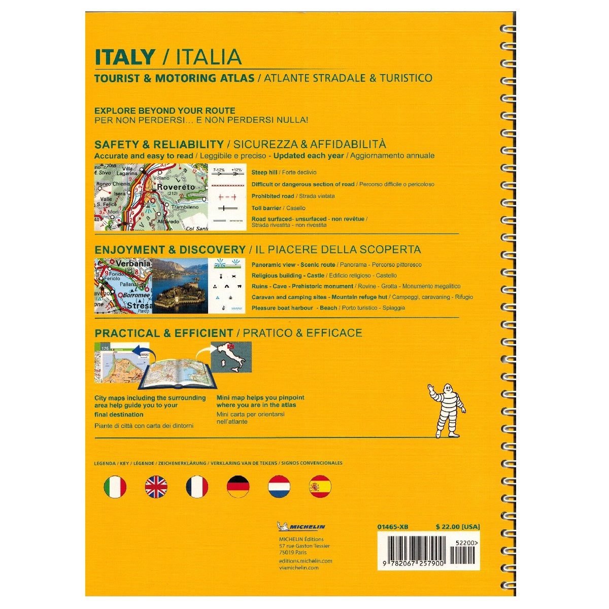 Back cover of a Michelin Italy tourist and motoring atlas with text and map illustrations showing the main features