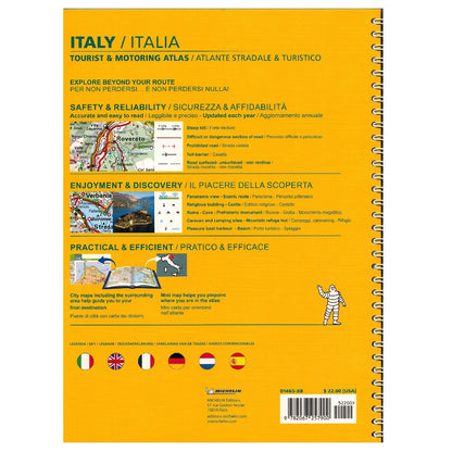 Back cover of a Michelin Italy tourist and motoring atlas with text and map illustrations showing the main features