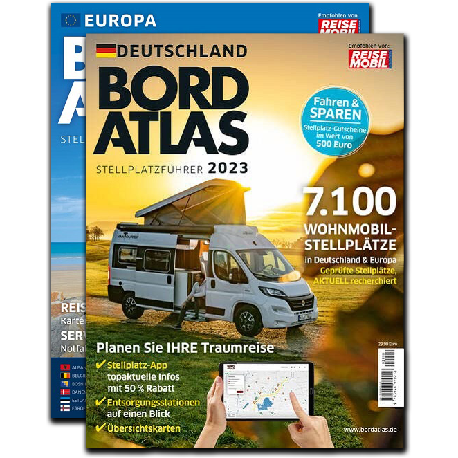 Reise Mobil Bord Atlas 2023 German Stellplatze Guide motorhome stopover europe front cover